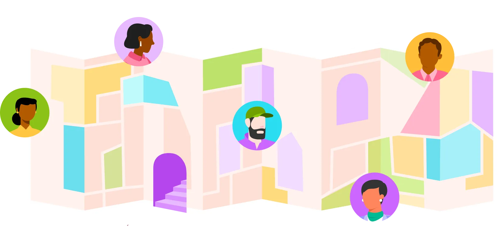 Illustration of Toddle team members around a colourful school building